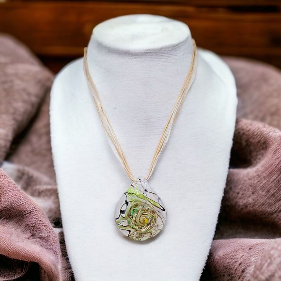 Art Glass Pendant Necklace Lamp Work Foil Swirl Green Copper Ribbon Cord Chain - Picture 1 of 10